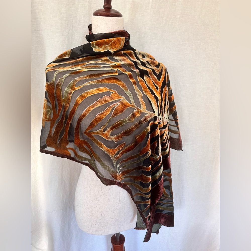 Velvet Scarf with Silk and Viscose black with bright Red Orange Detailing